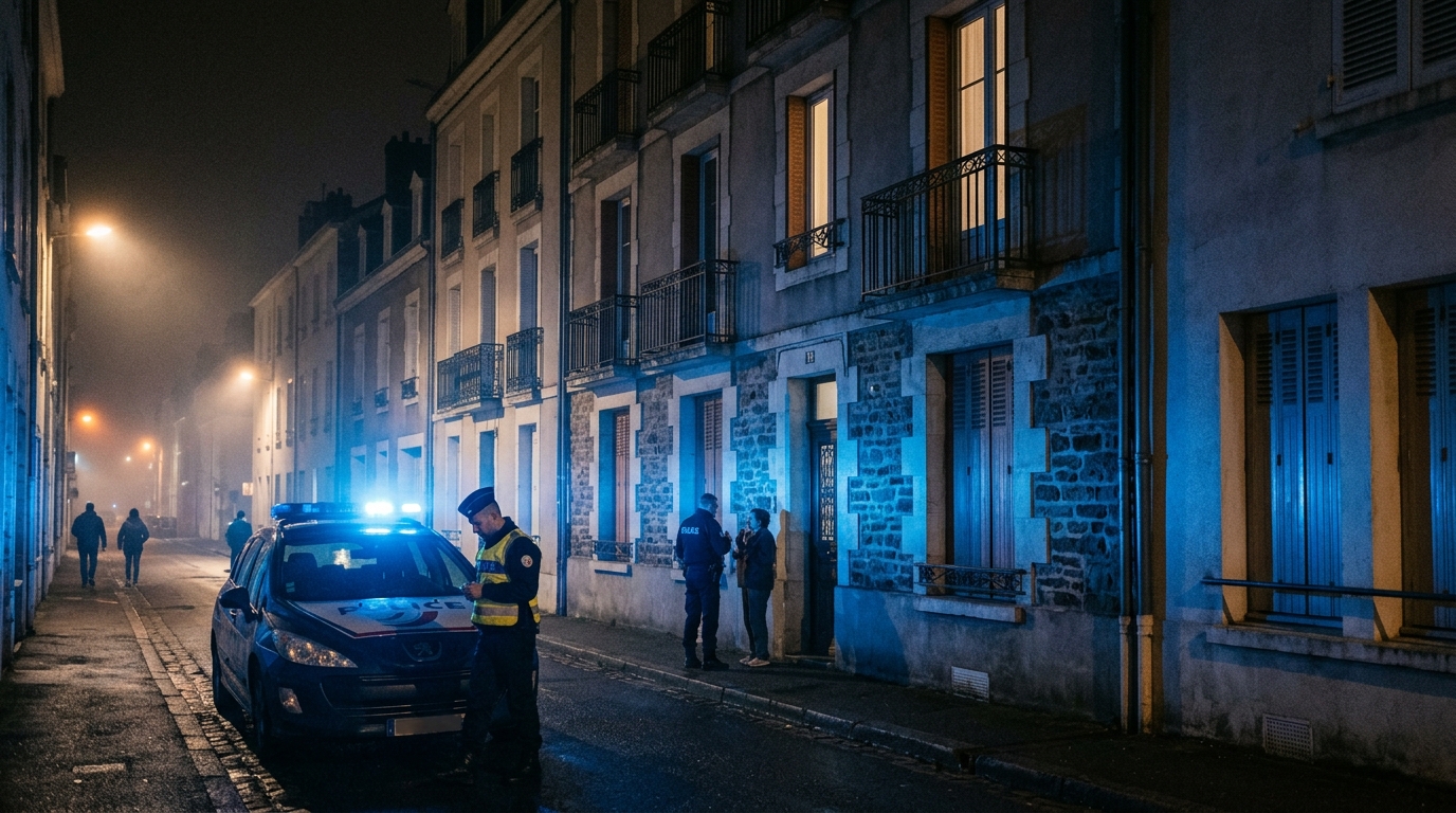 Véhicules de secours garés de nuit dans une rue calme à Saint-Nazaire.