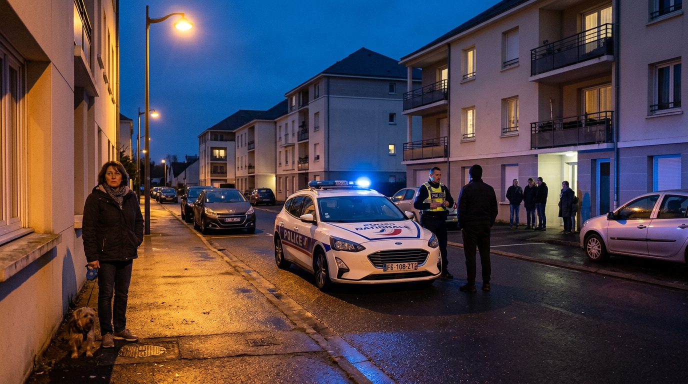 Rue résidentielle française illuminée par des véhicules de police le soir