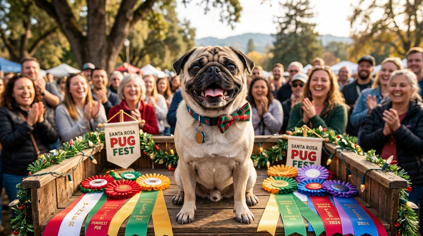 Une carline souriante recevant une écharpe lors d'un concours canin chaleureux