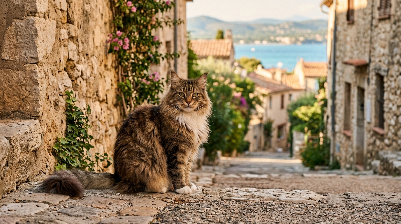 Un chat Maine Coon assit dans une ruelle ensoleillée de Provence.