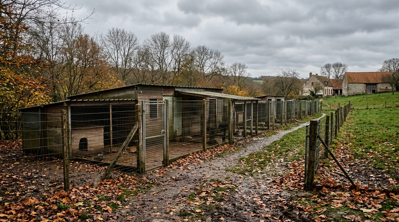 Entrée d'un refuge canin en France sous un ciel d'automne