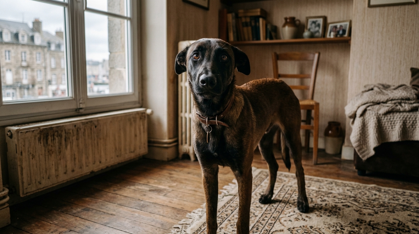 Un berger malinois attend de l'aide assis dans un appartement lumineux