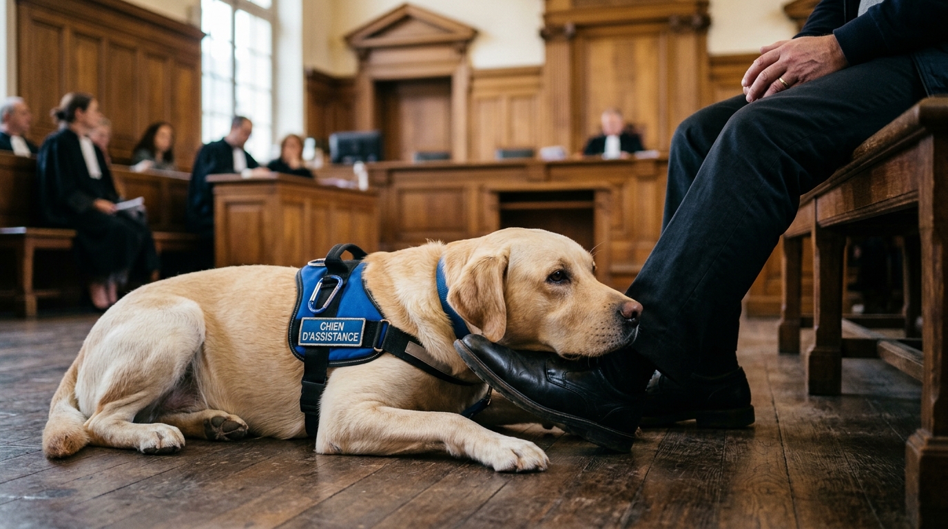 Un labrador beige assis calmement au pied d'une personne dans un hall de tribunal français