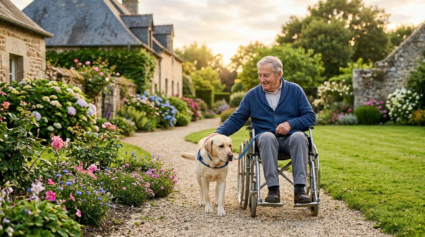 Un Labrador jaune marche calmement à côté d'une personne âgée en fauteuil roulant dans le parc d'un EHPAD.
