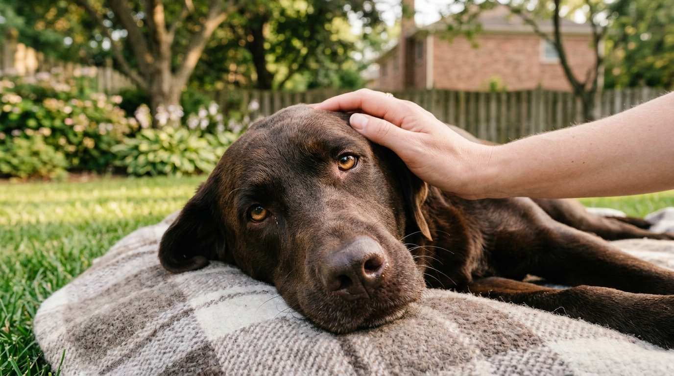 Un Labrador chocolat allongé sur l'herbe recevant des caresses attentives.