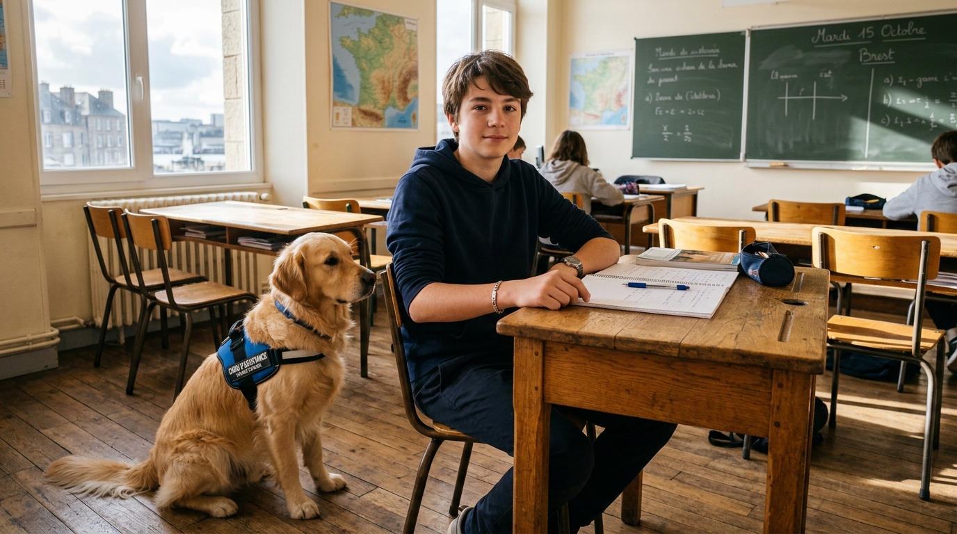 Un jeune adolescent révise ses cours à côté de son chien d'assistance dans une classe.