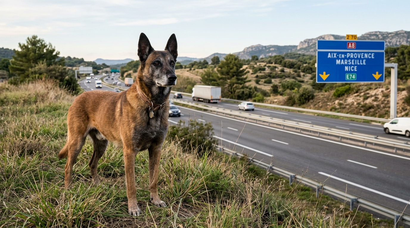Un chien Malinois âgé au bord d'une route en France