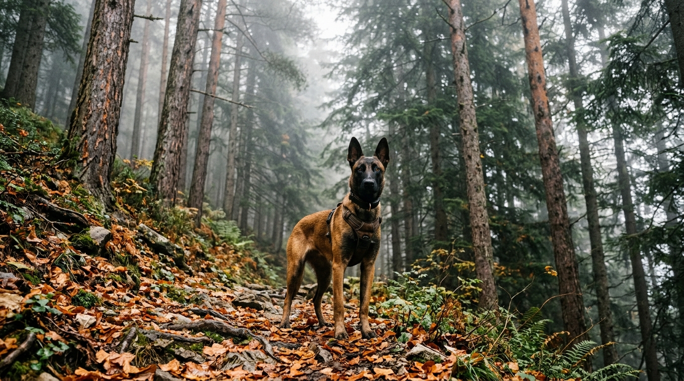 Un chien malinois assis dans une forêt escarpée en Haute-Savoie