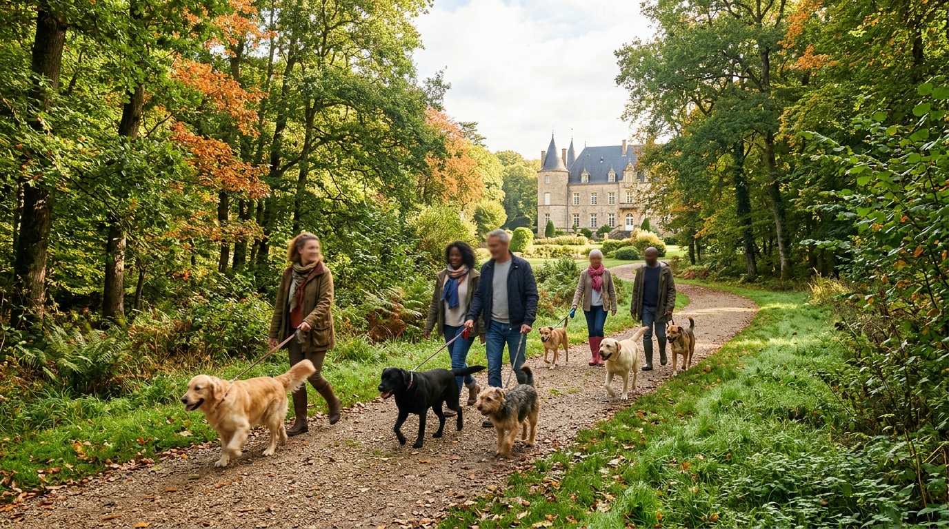 Des propriétaires et leurs chiens marchent dans un parc verdoyant lors d'un événement solidaire.