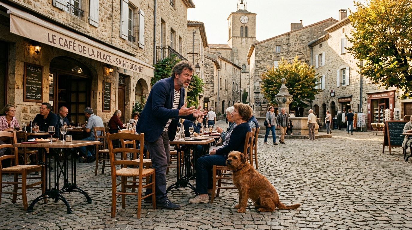 Un homme en terrasse de café apercevant un chien tenu en laisse à Saint-Bonnet-le-Château