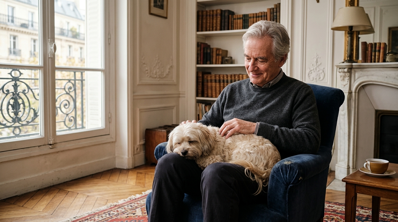 Un homme mûr bienveillant caresse un petit chien avec affection dans un salon chic.
