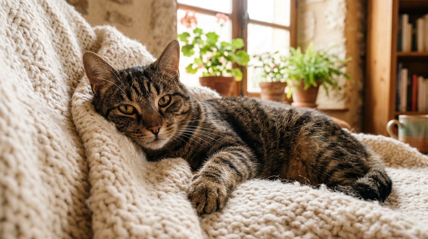 Un chat tigré à poil court se reposant paisiblement dans un panier douillet