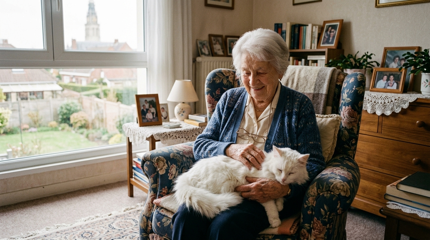 Une femme âgée souriante caresse son chat blanc assis sur un fauteuil dans une chambre d'Ehpad.