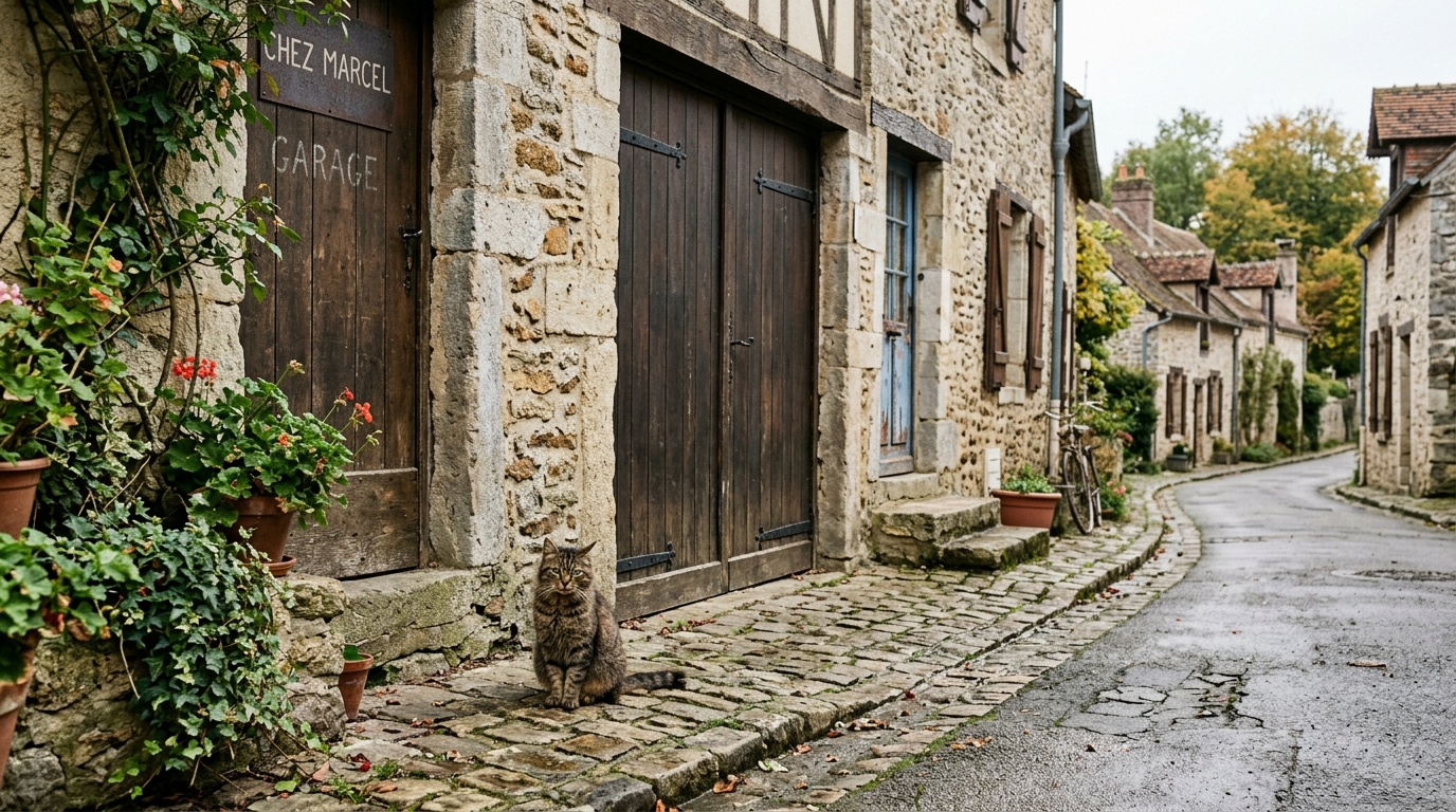 Un chat errant tigré observant les environs près d'une habitation normande.