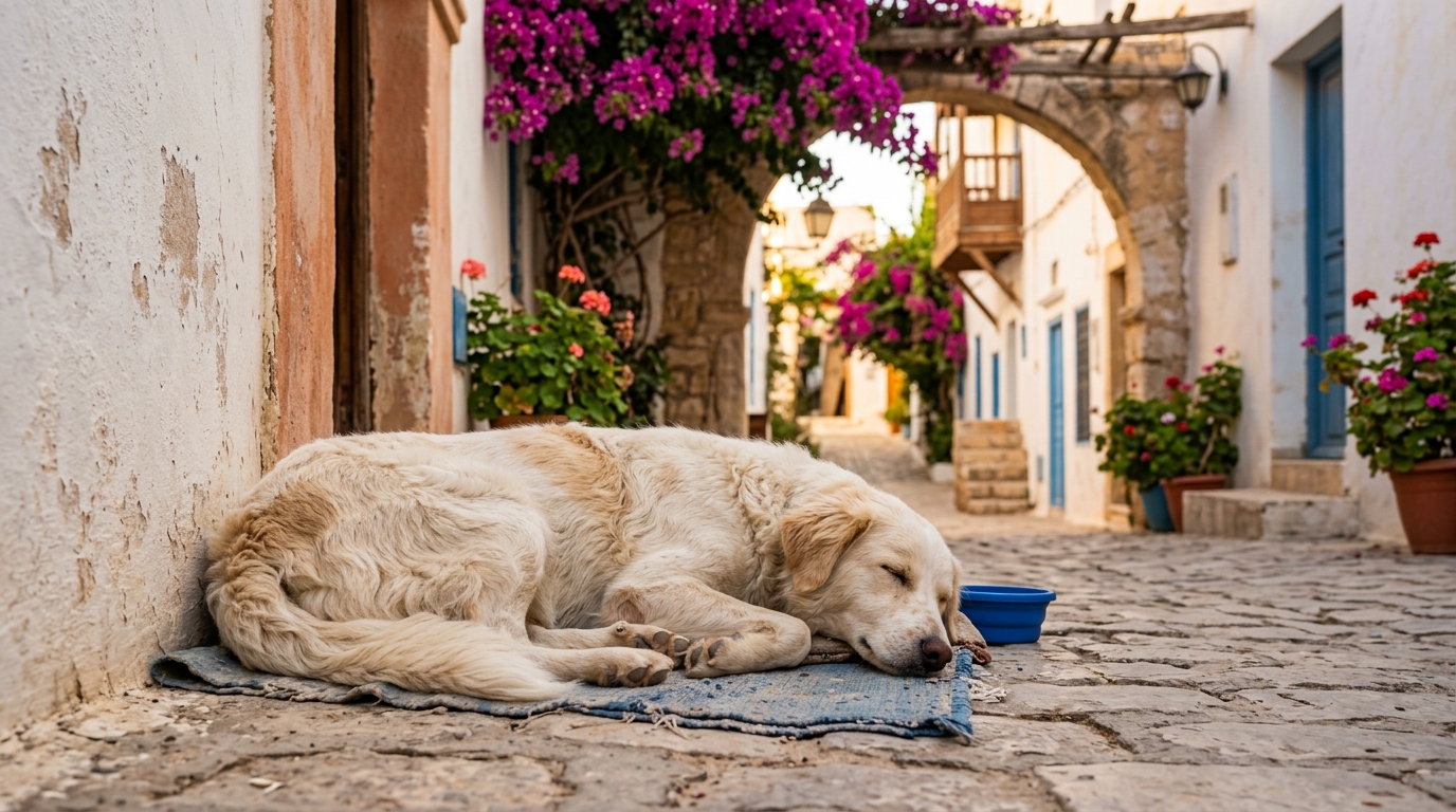 Une douce chienne blanche se reposant paisiblement au soleil.