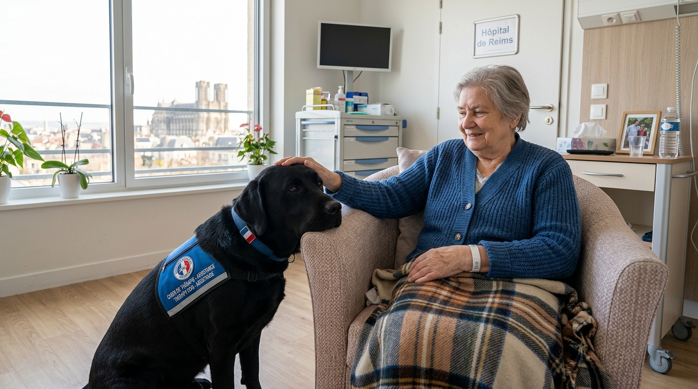 Un Labrador noir chien de thérapie apportant du réconfort à un patient à Reims.