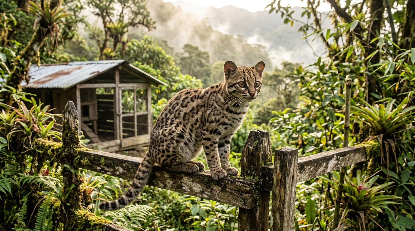 Petit chat-tigre sauvage observateur dans la forêt montagneuse des Yungas en Bolivie