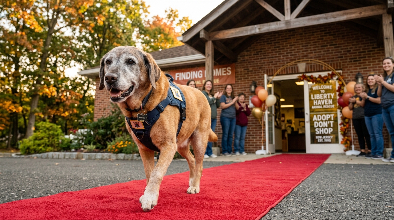 Une chienne séniore marche joyeusement sur un tapis rouge devant un refuge.