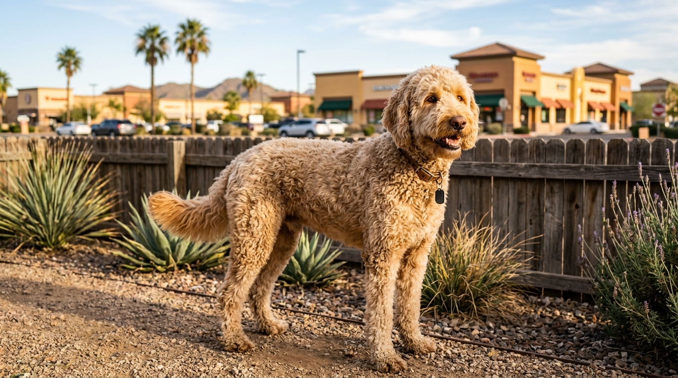 Un chien Goldendoodle debout près d'une clôture de jardin ensoleillé