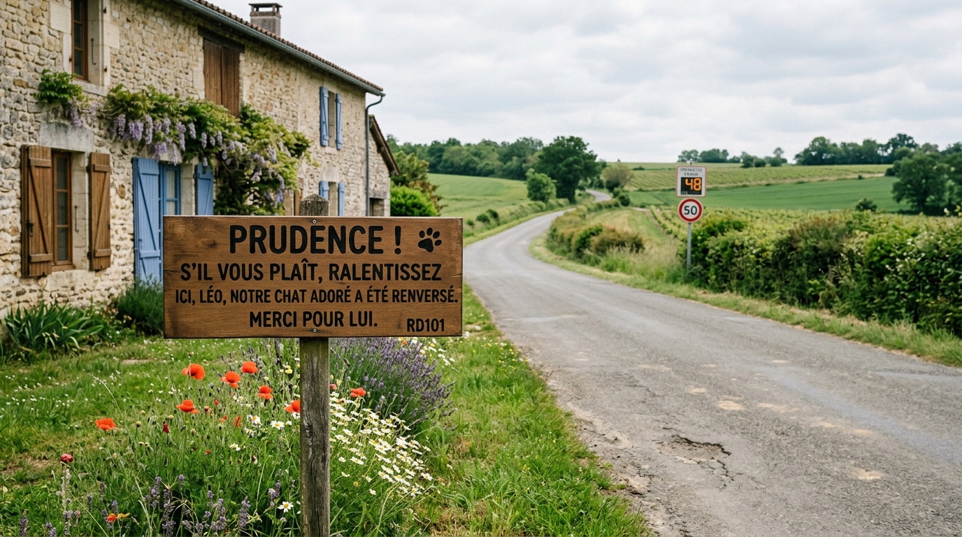 Un panneau de prévention fait maison au bord d'une route de campagne en France pour faire ralentir les voitures.
