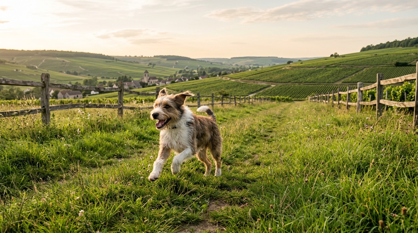Un chien de refuge court joyeusement sur un grand terrain verdoyant à Épernay