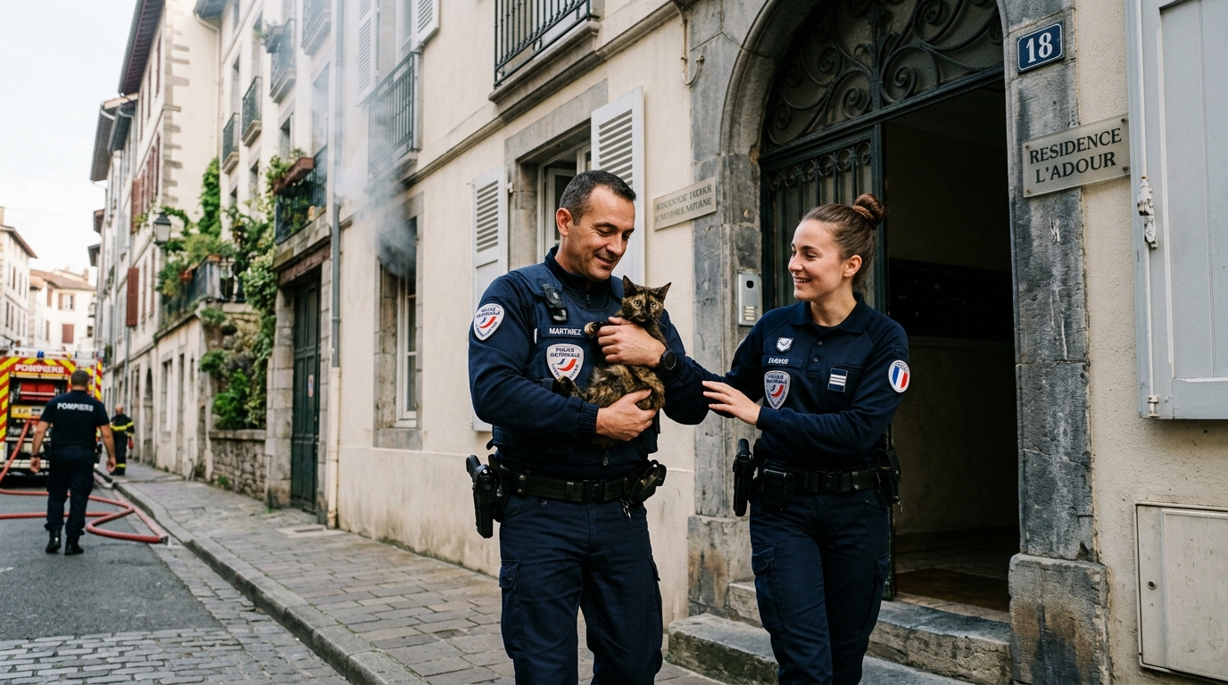 Deux policiers français portant un chat secouru devant un bâtiment à Bayonne