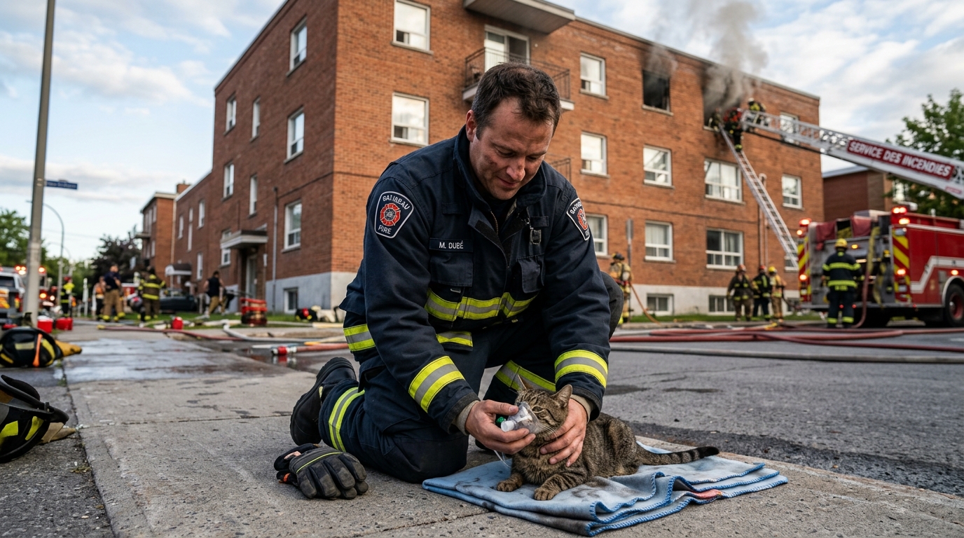 Un pompier prodiguant des soins d'urgence à un chat rescapé sur le trottoir.