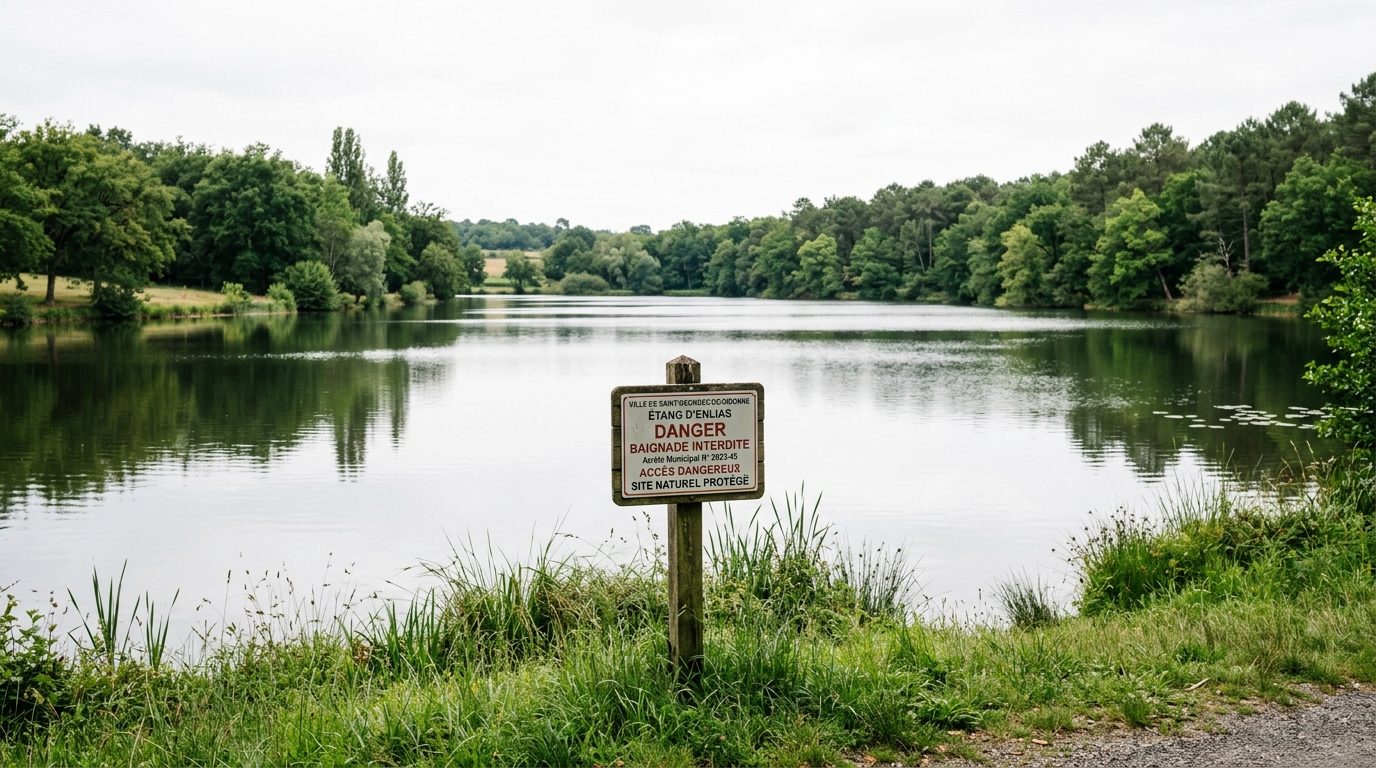 Un panneau de prévention posé près d'un lac bordé d'arbres en Charente-Maritime.