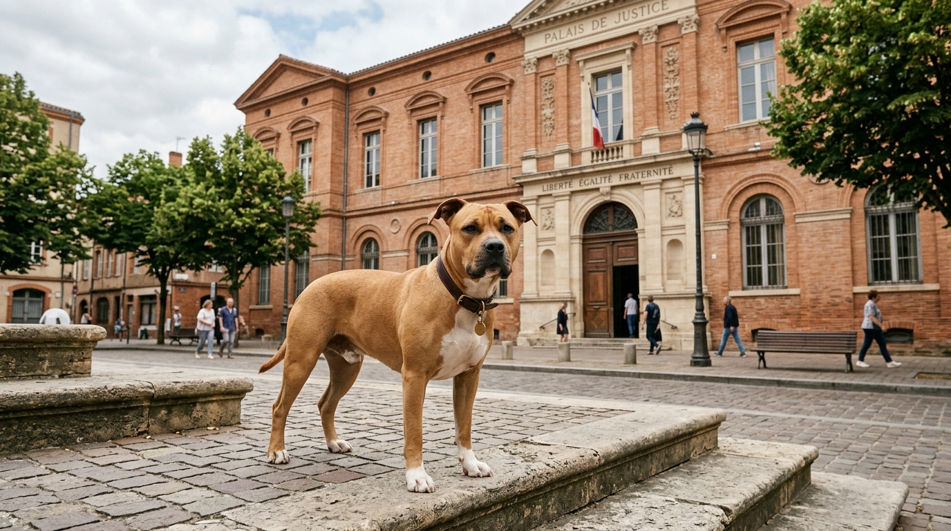 Chien American Staff posant devant le palais de justice d'Albi