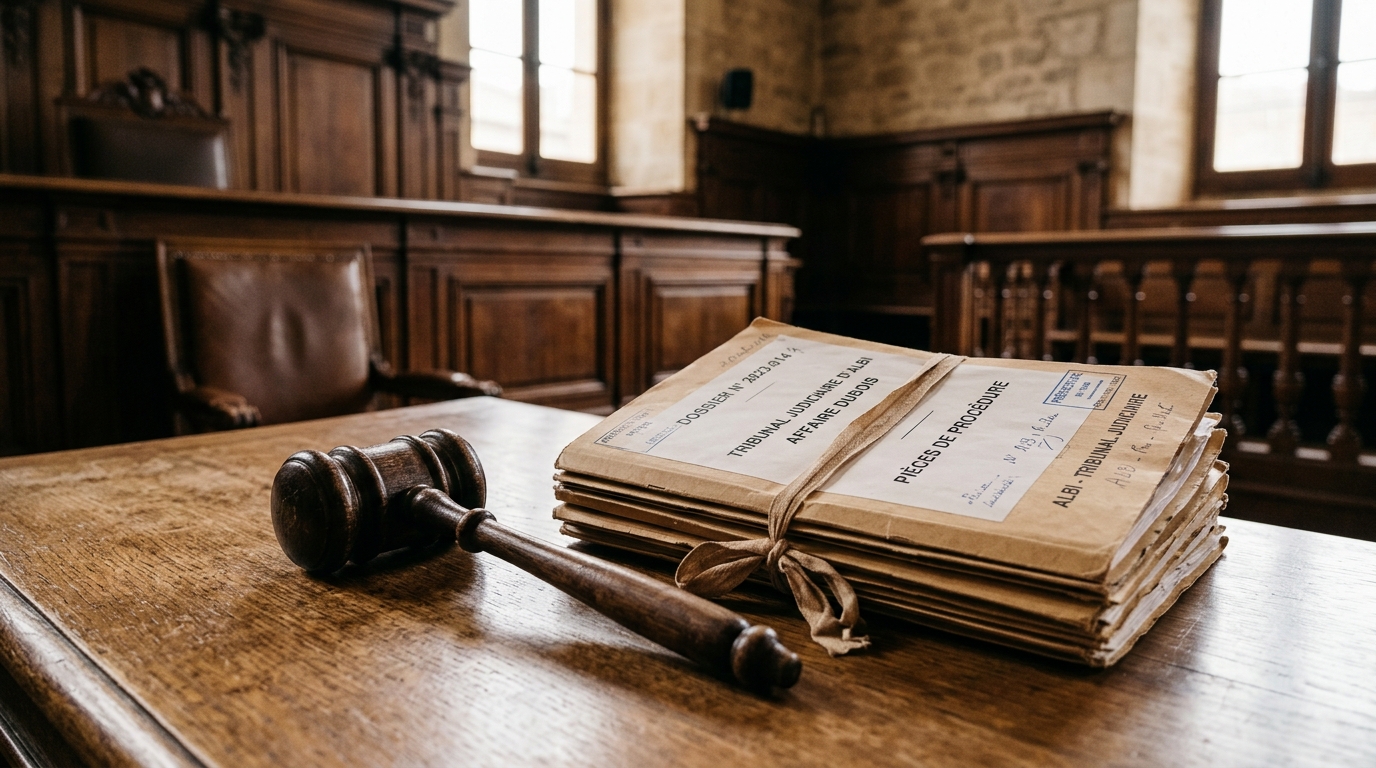 Un marteau de justice en bois posé sur un bureau près de dossiers juridiques à Albi