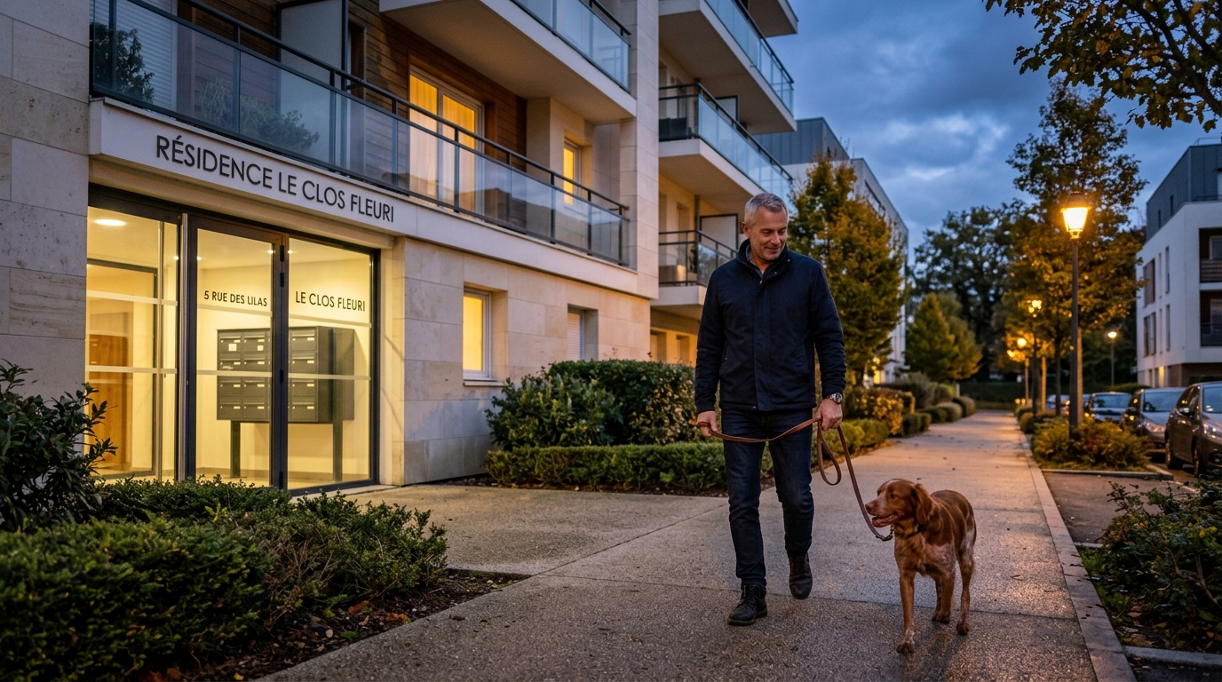 Un maître promène son chien au pied d'un immeuble le soir à Orvault