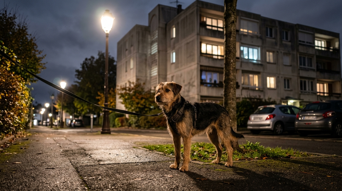 Chien tenu en laisse au pied d'un immeuble de nuit sous un lampadaire