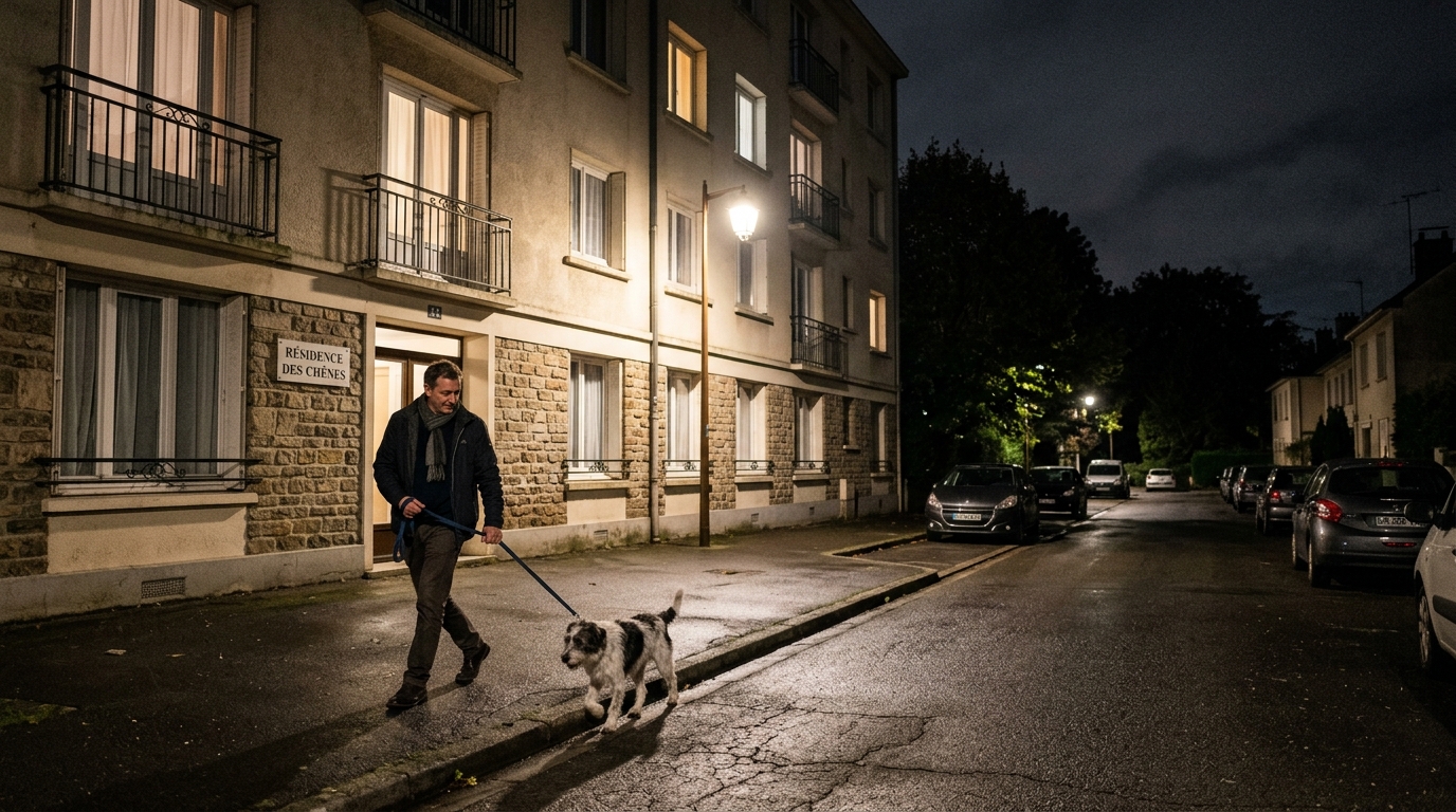 Un homme promène son chien la nuit près d'un immeuble résidentiel à Orvault.