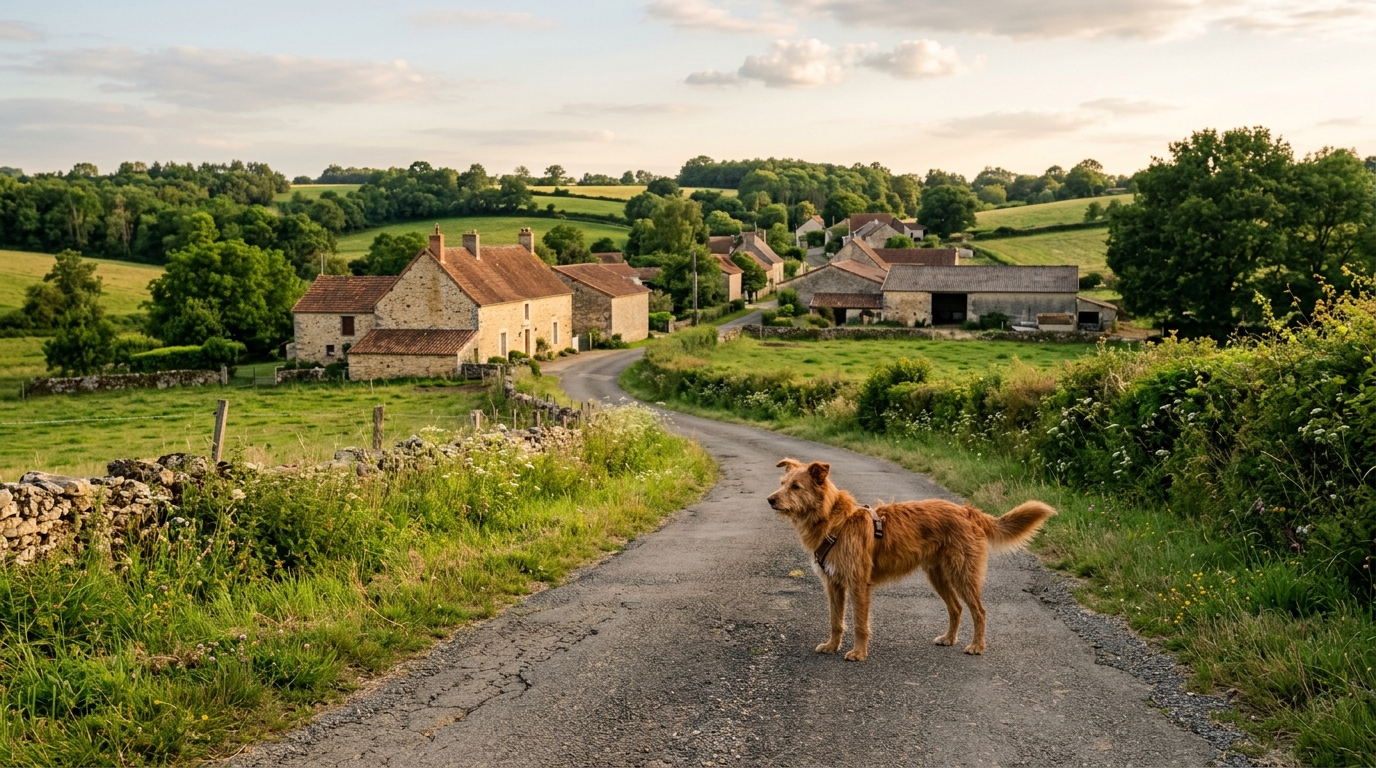 Un chien sur un chemin de campagne dans le département des Deux-Sèvres en France
