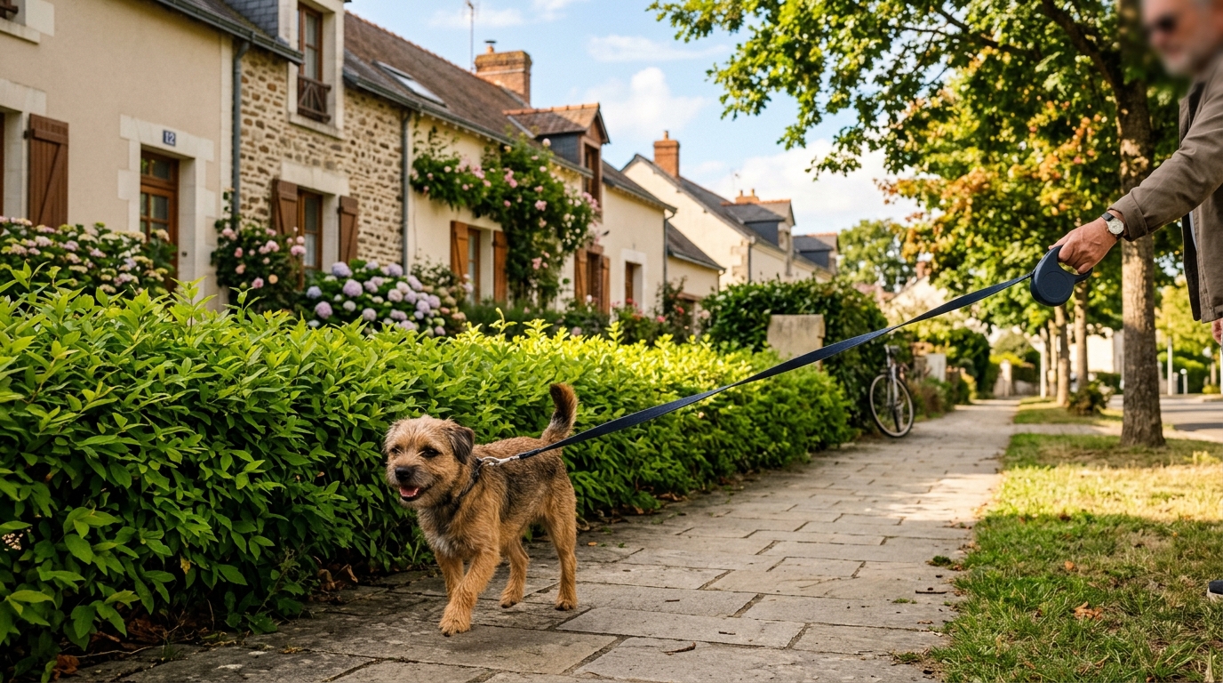 Un petit chien en laisse marchant tranquillement sur un trottoir verdoyant dans une commune française.