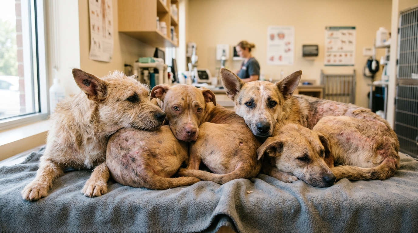 Quatre chiens secourus sans fourrure se blottissent les uns contre les autres