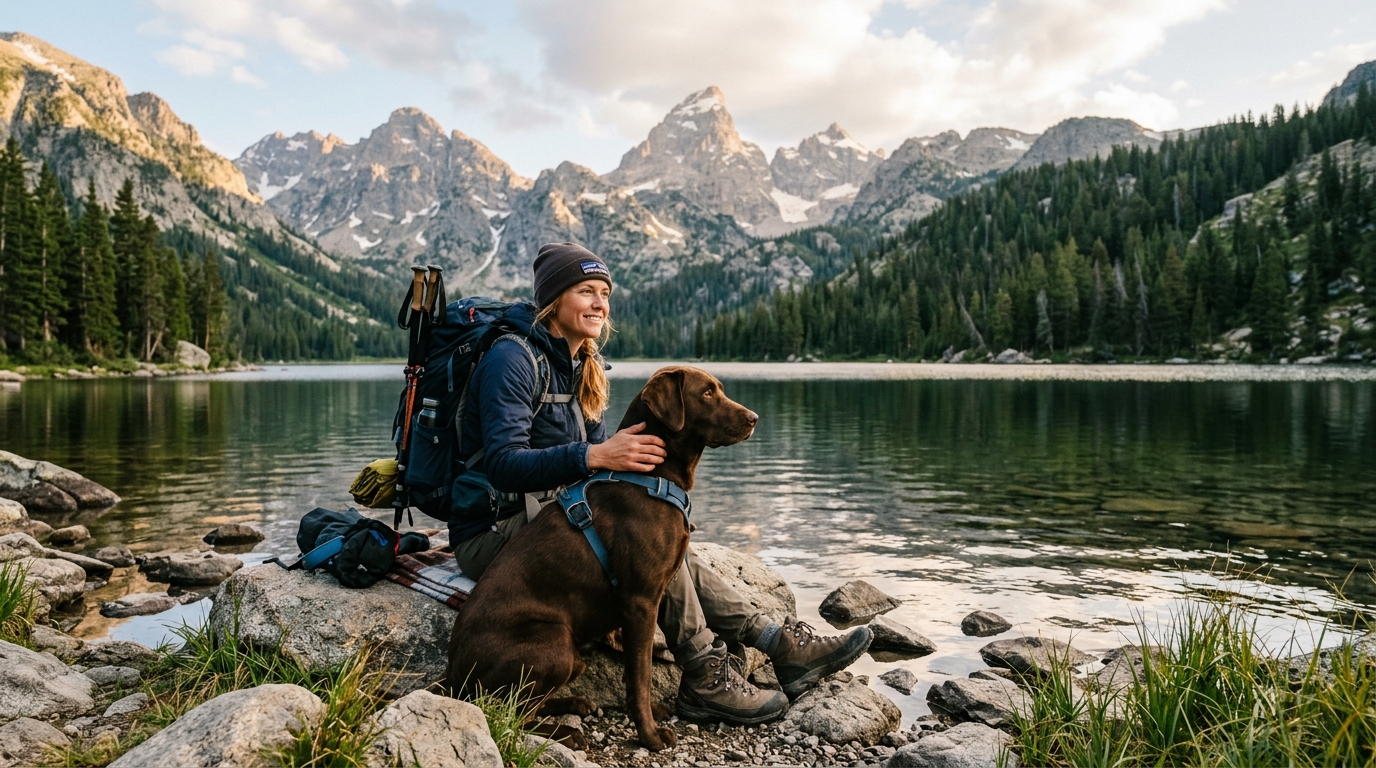Un Labrador marron et son maître randonneur assis près d'un lac de montagne au coucher du soleil.
