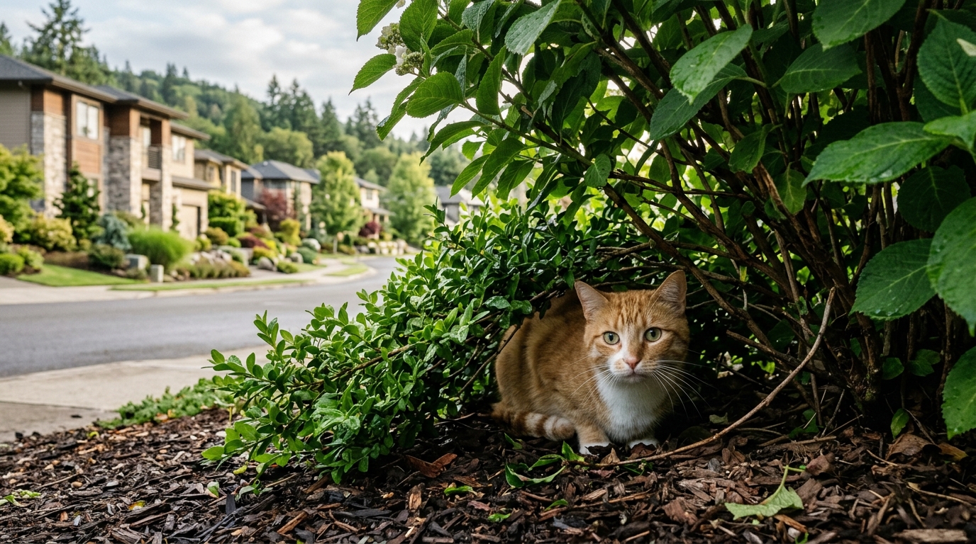 Un chat domestique timide caché sous les buissons d'un jardin résidentiel