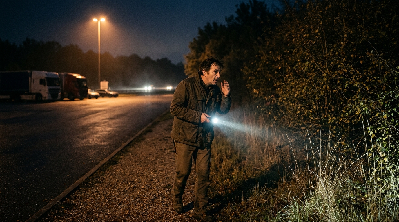 Un homme cherche son chat disparu la nuit sur une aire d'autoroute