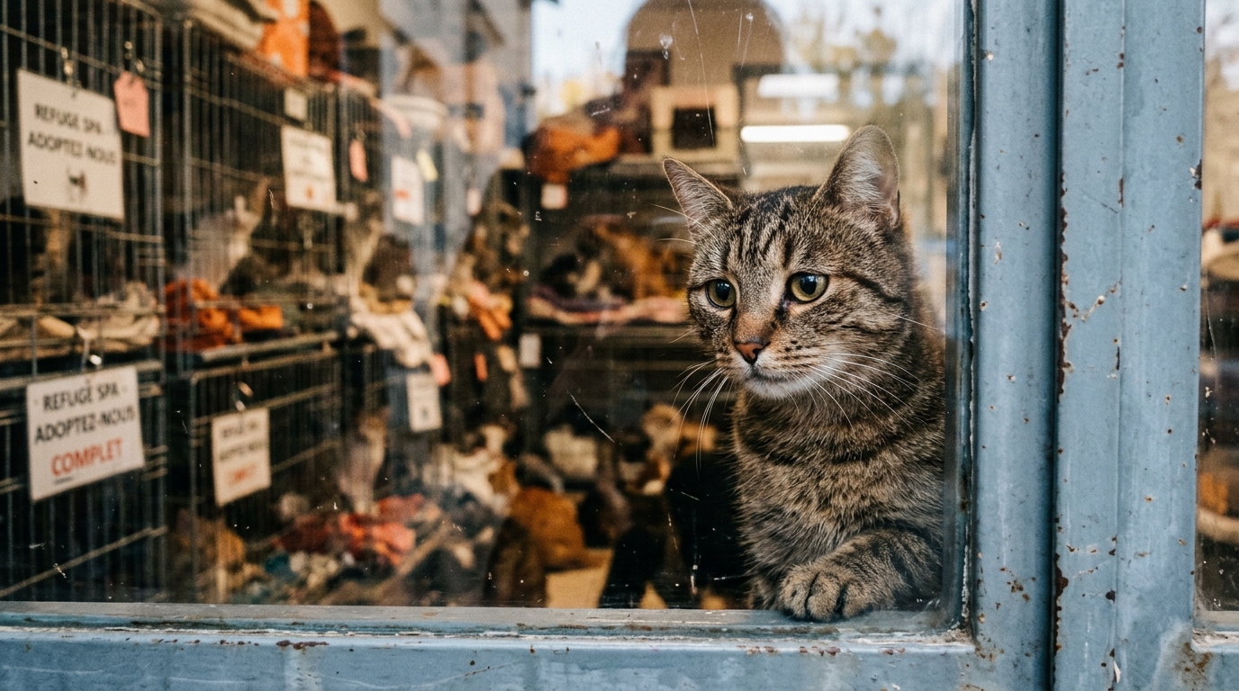 Un chat regarde à travers la vitre d'un refuge saturé en France