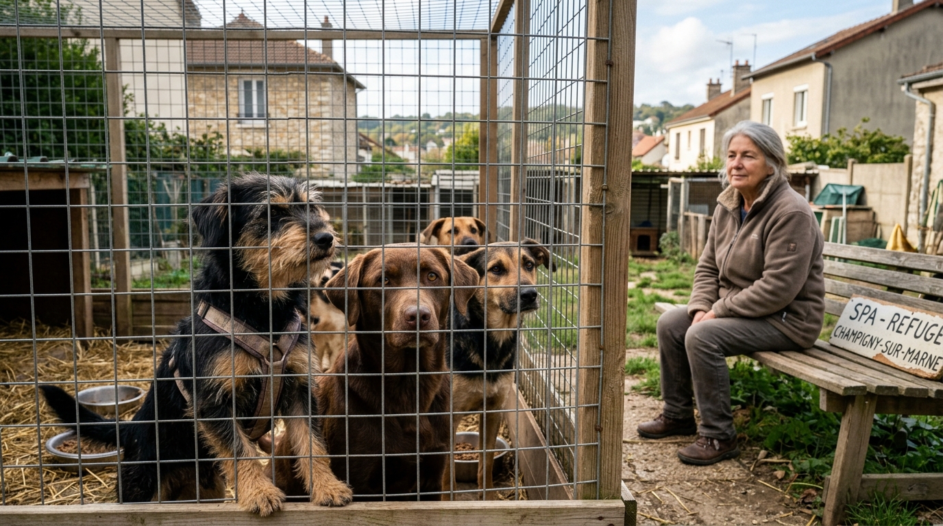 Des chiens de refuge regardant à travers un grillage dans un chenil en France.