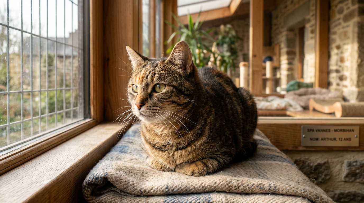 Un chat tigré regarde à travers un enclos confortable dans un refuge à Vannes