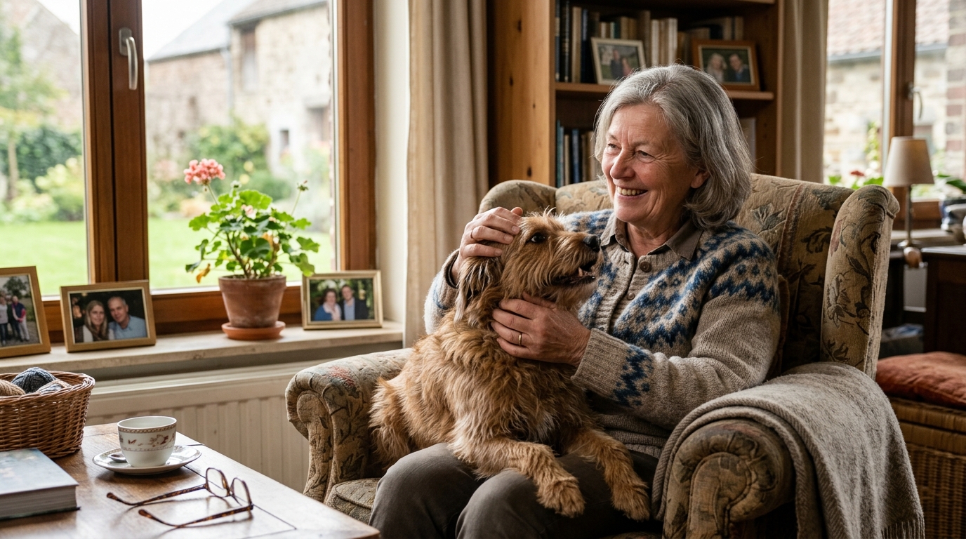 Femme senior caressant un chien dans un salon chaleureux en Belgique