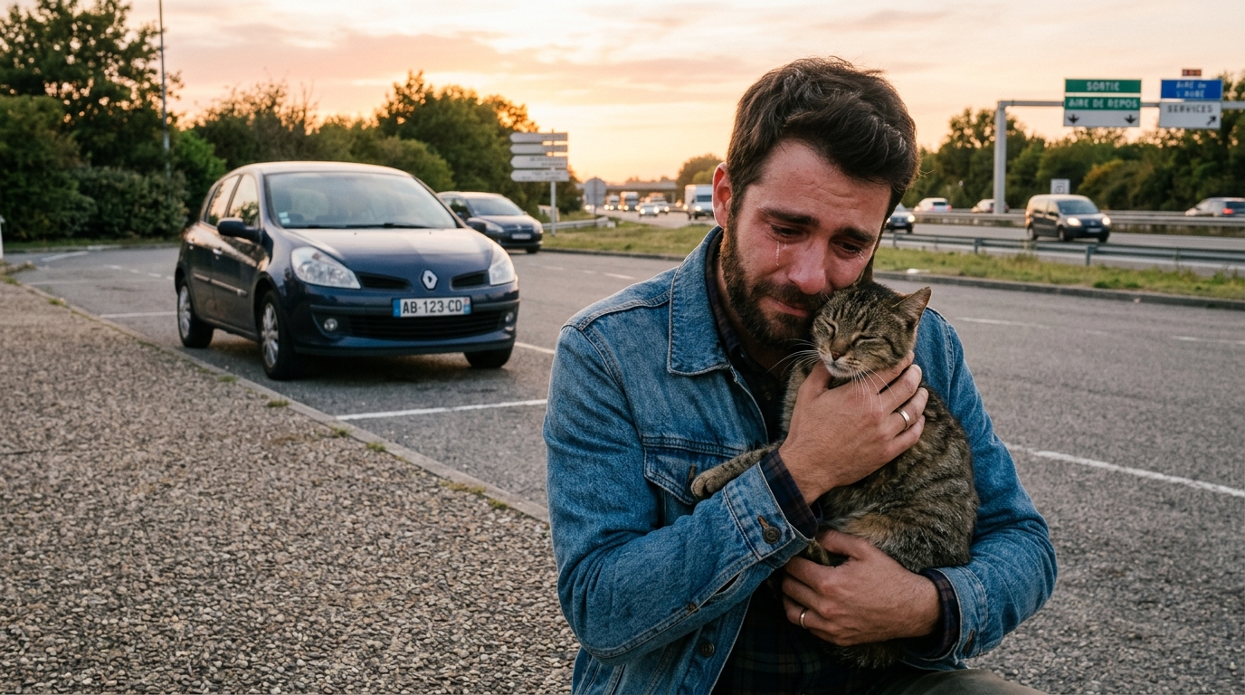 Un homme ému serre contre lui son vieux chat tabby retrouvé.