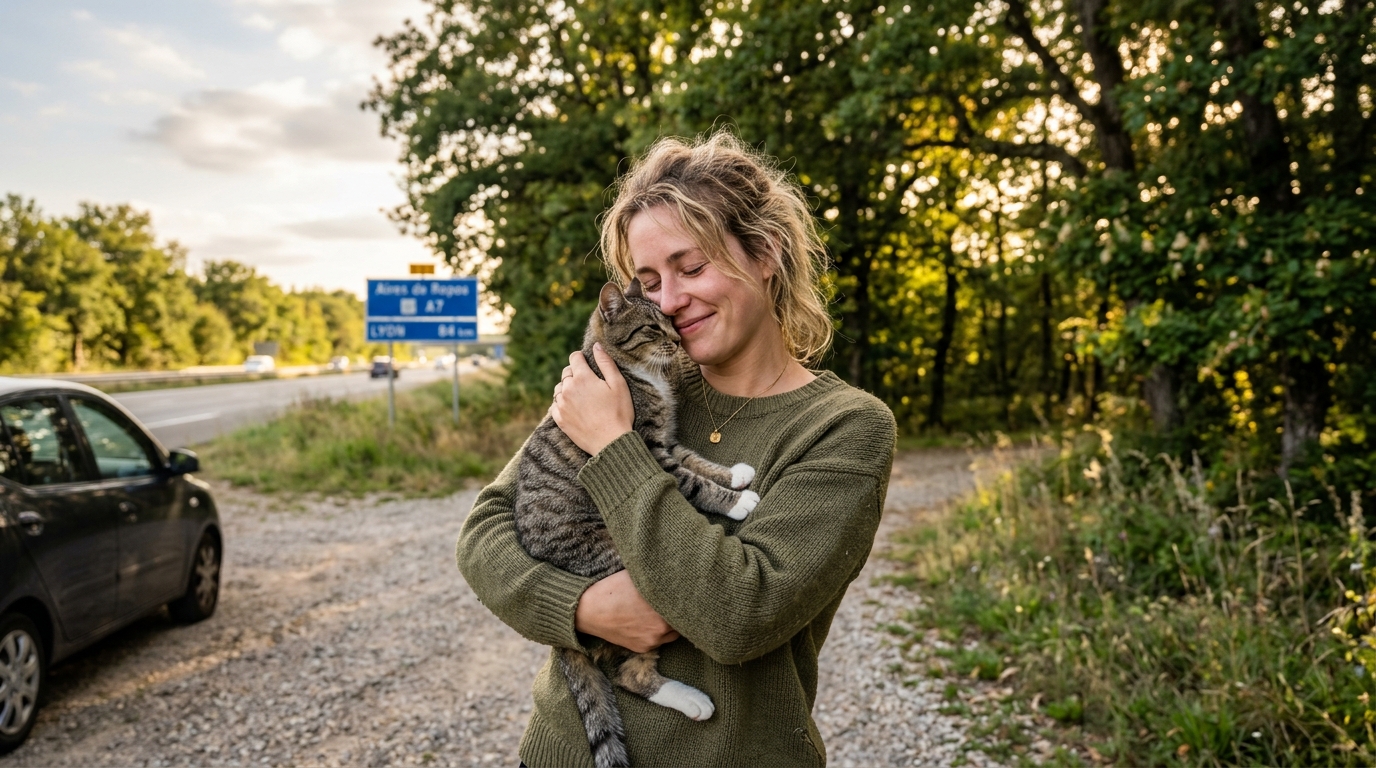 Une jeune fille serre tendrement dans ses bras son chat retrouvé près d'une aire d'autoroute.