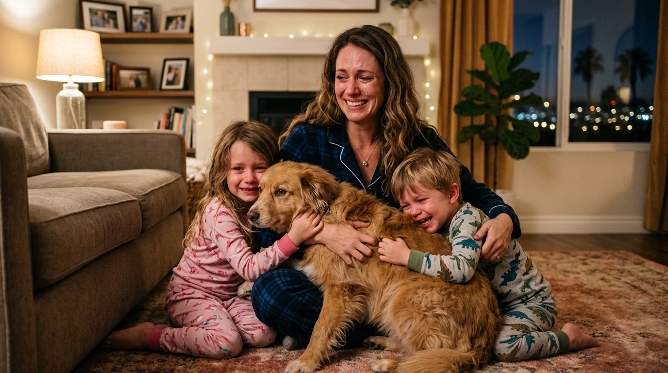 Une femme émue enlace son chien sous le regard joyeux de ses enfants dans un salon chaleureux.