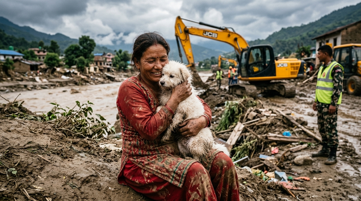 Une femme enlace sa chienne blanche dans un décor touché par les inondations au Népal.