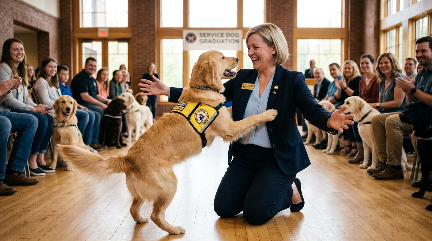 Chien d'assistance faisant la fête à sa famille d'accueil lors de sa remise de diplôme