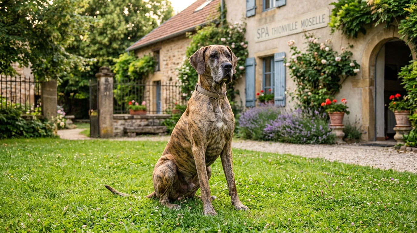 Un grand dogue allemand assis calmement dans le jardin d'un refuge animalier