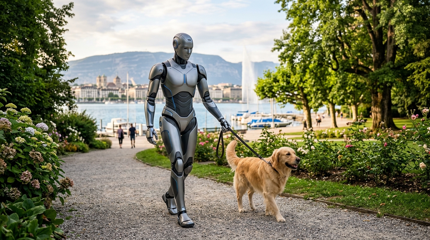 Un robot humanoïde tenant la laisse d'un chien dans un parc verdoyant